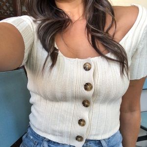 Sweater Knit Button Up Cropped Tee